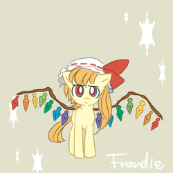 Size: 600x600 | Tagged: safe, artist:nekoya saki, pony, annoyed, female, filly, flandre scarlet, hat, looking at you, pixiv, ponified, solo, spread wings, touhou
