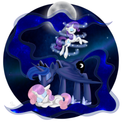 Size: 1000x1000 | Tagged: safe, artist:swanlullaby, princess luna, rarity, sweetie belle, g4, dream walker luna, magic, moon, nuzzling, sleeping