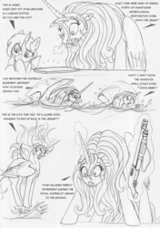 Size: 915x1300 | Tagged: safe, artist:leovictor, dinky hooves, oc, oc:nyx, g4, angry, book, chase, dialogue, eyes closed, gritted teeth, gun, magic, monochrome, older, open mouth, screaming, shotgun, sketch, snorting, stomping, swimming, telekinesis, this will end in tears and/or death, weapon, wide eyes