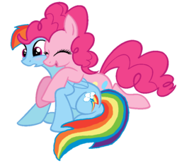 Size: 768x710 | Tagged: safe, artist:bronybase, artist:calicopikachu, artist:starryoak, edit, pinkie pie, rainbow dash, earth pony, pegasus, pony, g4, blushing, female, from behind, glomp, hug, lesbian, ship:pinkiedash, shipping, simple background, transparent background