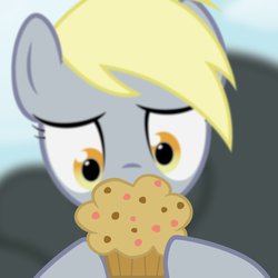 Size: 894x894 | Tagged: safe, artist:juniberries, derpy hooves, pegasus, pony, g4, female, mare, muffin, solo