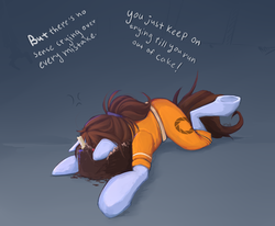 Size: 1700x1400 | Tagged: safe, artist:pfjerk, pony, adventure in the comments, black forest cake, cake, chell, faceplant, lyrics in the comments, ponified, portal (valve), solo, underhoof