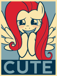 Size: 776x1030 | Tagged: safe, artist:juniberries, fluttershy, pegasus, pony, g4, blushing, cute, female, hope poster, looking at you, shyabetes, smiling, solo, spread wings, teeth, wings