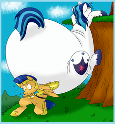 Size: 2152x2320 | Tagged: safe, artist:virus-20, flash sentry, shining armor, pegasus, pony, unicorn, g4, bhm, big booty stallions, bottom heavy, butt, fat, high res, holding, impossibly large butt, male, plot, shieldbutt, shining blubber, stallion, sweat, the ass was fat