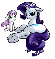 Size: 776x845 | Tagged: safe, artist:nadnerbd, rarity, sweetie belle, pony, unicorn, g4, bedroom eyes, female, filly, floppy ears, frown, looking at you, looking back, mare, on side, simple background, sisters, sitting, smiling, strategically covered, tail censor, transparent background, underhoof