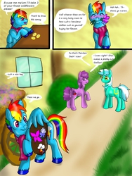 Size: 1200x1600 | Tagged: safe, artist:tristanjsolarez, berry punch, berryshine, lyra heartstrings, rainbow dash, earth pony, pegasus, pony, unicorn, comic:trans ponies, g4, background pony, clothes, female, flower, male, mare, rainbow blitz, rule 63, saddle bag, scarf, simple background, stallion, transgender, wing hands, yellow background