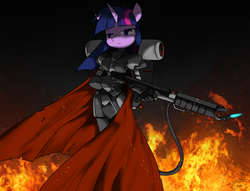 Size: 1659x1266 | Tagged: safe, artist:sandwich-anomaly, twilight sparkle, anthro, g4, armor, badass, black hand, brotherhood of nod, cape, clothes, command and conquer, female, fire, flamethrower, solo, tiberium wars, weapon