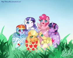 Size: 1500x1200 | Tagged: safe, artist:kitsunehino, applejack, fluttershy, pinkie pie, rainbow dash, rarity, twilight sparkle, g4, cute, dashabetes, diapinkes, jackabetes, mane six, raribetes, shyabetes, twiabetes