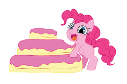 Size: 966x643 | Tagged: safe, artist:jessy, pinkie pie, g4, blank flank, blushing, cake, crumbs, cute, diapinkes, female, filly, solo, young, younger