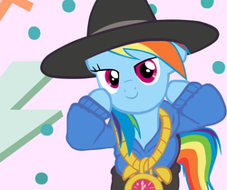 Size: 1131x946 | Tagged: safe, artist:majkashinoda626, rainbow dash, pony, g4, testing testing 1-2-3, abstract background, clock, clothes, female, hat, hilarious in hindsight, looking at you, mare, rainbow dash always dresses in style, rap, rapper, rapper dash, simple background, smiling, solo, wingless