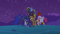 Size: 1400x787 | Tagged: safe, artist:mixermike622, applejack, pinkie pie, princess luna, rainbow dash, twilight sparkle, alicorn, earth pony, pegasus, pony, unicorn, g4, luna eclipsed, alternate ending, clothes, costume, female, night, nightmare night, nightmare night costume, shadowbolt dash, shadowbolts costume