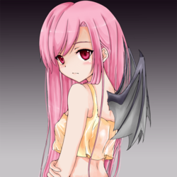 Size: 700x700 | Tagged: safe, artist:d-tomoyo, fluttershy, bat pony, human, g4, anime, bat wings, clothes, cute, female, flattershy, flutterbat, gradient background, humanized, looking at you, race swap, short shirt, shyabates, shyabetes, solo, wing claws, winged humanization, wings