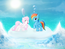 Size: 1024x768 | Tagged: safe, artist:firgof, princess celestia, rainbow dash, g4, cewestia, cloud, cloudy, cute, dancing, exclamation point, filly, mountain, question mark, snow, younger