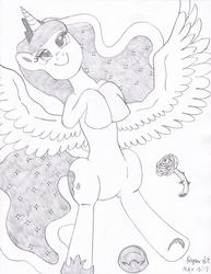 Size: 2544x3290 | Tagged: safe, artist:mc-ryan, princess luna, alicorn, pony, g4, cute, female, happy, high res, lunabetes, lying down, monochrome, on back, rose, solo, wings