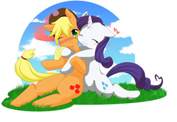 Size: 800x554 | Tagged: dead source, safe, artist:wolfyato, applejack, rarity, earth pony, pony, unicorn, g4, :3, blushing, duo, eyes closed, female, floating heart, floppy ears, heart, hug, lesbian, mare, pixiv, ship:rarijack, shipping, sitting, snuggling