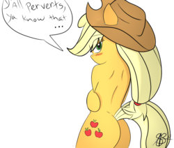 Size: 971x823 | Tagged: safe, artist:xxxsketchbookxxx, applejack, earth pony, pony, semi-anthro, g4, back, bedroom eyes, bipedal, blushing, butt, cowboy hat, female, hat, looking back, mare, plot, simple background, solo, speech bubble