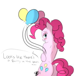 Size: 1253x1243 | Tagged: safe, artist:xxxsketchbookxxx, pinkie pie, earth pony, pony, semi-anthro, g4, back, balloon, bedroom eyes, bipedal, blushing, butt, female, looking back, mare, plot, smiling, solo, speech bubble