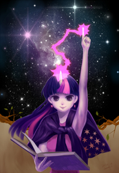 Size: 614x885 | Tagged: safe, artist:laoye, twilight sparkle, human, g4, book, female, galaxy, horn, horned humanization, humanized, magic, pixiv, solo