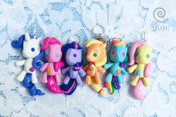 Size: 1000x662 | Tagged: safe, artist:eyrannecrafts, applejack, fluttershy, pinkie pie, rainbow dash, rarity, twilight sparkle, g4, charm, chibi, craft, irl, mane six, photo