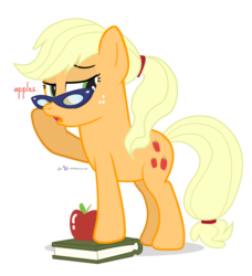 Size: 840x920 | Tagged: safe, artist:dm29, applejack, g4, alternate hairstyle, apple, book, female, glasses, ponytail, simple background, solo, that pony sure does love apples, transparent background