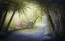 Size: 2838x1800 | Tagged: safe, artist:pterocorn, fluttershy, fish, g4, female, solo, tree, waterfall