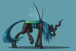 Size: 1200x803 | Tagged: safe, artist:ashskye, queen chrysalis, changeling, changeling queen, g4, crown, female, gritted teeth, jewelry, regalia, simple background, solo, upset, walking