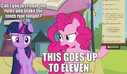 Size: 1025x600 | Tagged: safe, screencap, pinkie pie, twilight sparkle, alicorn, pony, g4, my little pony: friendship is magic, trade ya!, caption, female, mare, movie reference, rules, this is spinal tap, twilight sparkle (alicorn)