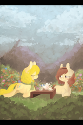 Size: 1024x1536 | Tagged: dead source, safe, artist:berrydrops, oc, oc only, oc:chidey, earth pony, pony, clothes, cup, female, garden, mare, prone, romantic, scarf, tea, teapot