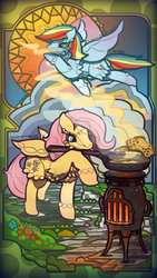 Size: 768x1366 | Tagged: safe, artist:nyrx, fluttershy, rainbow dash, g4, frying pan, stained glass, waffle