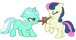 Size: 610x328 | Tagged: safe, artist:xhyrulesoblivionx, bon bon, lyra heartstrings, sweetie drops, earth pony, pony, unicorn, g4, doll, female, filly, simple background, white background