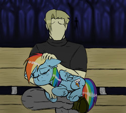 Size: 950x850 | Tagged: dead source, safe, artist:ichibangravity, rainbow dash, oc, oc:anon, human, g4, comforting, crying, ear scratch, petting, slenderman