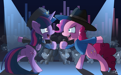 Size: 1300x813 | Tagged: safe, artist:zelc-face, commander easy glider, pinkie pie, twilight sparkle, alicorn, pony, g4, ancient wonderbolts uniform, bipedal, female, mare, rap, rap battle, rapper pie, stage, twilight sparkle (alicorn)