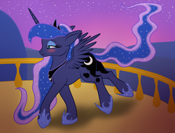 Size: 1700x1300 | Tagged: safe, artist:vasillium, princess luna, g4, balcony, bedroom eyes, blushing, female, smiling, solo, spread wings