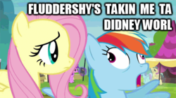 Size: 600x336 | Tagged: safe, screencap, amethyst star, fluttershy, rainbow dash, sparkler, g4, trade ya!, caption, derp, didney worl, image macro, meme