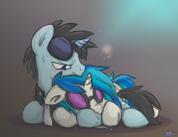 Size: 2782x2151 | Tagged: safe, artist:melodenesa, dj pon-3, neon lights, rising star, vinyl scratch, pony, unicorn, g4, blushing, cuddling, cute, drool, female, gritted teeth, high res, horn, hornboner, magic, male, mare, nom, prone, ship:vinylights, shipping, sleeping, smiling, snuggling, stallion, straight, sweat