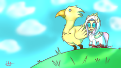 Size: 2560x1440 | Tagged: safe, artist:wolfy-pony, fluttershy, chocobo, g4, crossover, final fantasy, white mage