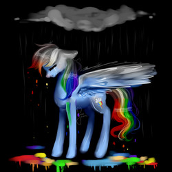 Size: 2000x2000 | Tagged: safe, artist:saoiirse, rainbow dash, pegasus, pony, g4, cloud, colorless dash, crying, female, high res, partial color, rain, sad, solo