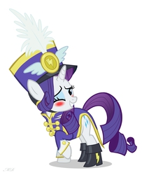 Size: 1722x2118 | Tagged: safe, artist:maxressor, rarity, pony, unicorn, g4, testing testing 1-2-3, ancient wonderbolts uniform, blushing, boots, clothes, female, hat, mare, one eye closed, raised hoof, sgt. rarity, shako, shoes, simple background, solo, uniform, white background, wink