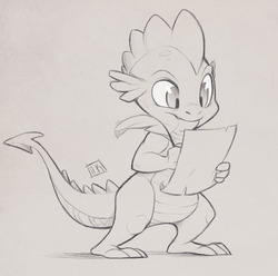 Size: 1280x1271 | Tagged: safe, artist:orangefeathersketch, spike, g4, cute, male, monochrome, paper, quill, sketch, smiling, solo, traditional art, writing