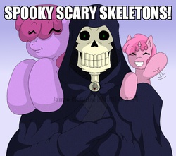 Size: 629x556 | Tagged: safe, artist:mr-101, berry punch, berryshine, ruby pinch, earth pony, pony, g4, 2spooky, andrew gold, caption, female, filly, grim reaper, image macro, jontron thread, mare, meme, skeleton, spooky thread