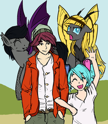 Size: 737x844 | Tagged: artist needed, safe, normal norman, oc, oc:aux, oc:hexferry, oc:hope, bat pony, mothpony, original species, satyr, equestria girls, g4, /mlp/, 4chan, background human, eyes closed, floppy ears, flying, grin, offspring, open mouth, parent:lyra heartstrings, smiling