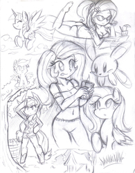 Size: 1275x1632 | Tagged: safe, artist:danmakuman, applejack, fluttershy, rarity, scootaloo, twilight sparkle, human, pony, anthro, g4, arm hooves, belly button, belly piercing, bellyring, humanized, midriff, monochrome, piercing, sketch, twilight sparkle (alicorn), yacopu