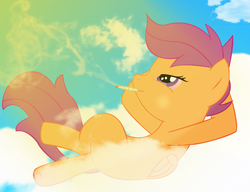 Size: 1617x1243 | Tagged: safe, artist:evo, scootaloo, g4, cloud, cloudy, drugs, female, sky, smoke, solo, sun, vector