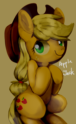 Size: 619x1000 | Tagged: safe, artist:sion, applejack, g4, female, simple background, sitting, solo