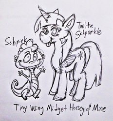 Size: 1024x1104 | Tagged: safe, artist:hellarmy, spike, twilight sparkle, alicorn, pony, g4, doodle, female, mare, monochrome, traditional art, twilight sparkle (alicorn)