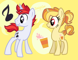 Size: 2600x2000 | Tagged: safe, artist:looji, oc, oc only, oc:redrecord, oc:smoothie susie, pony, unicorn, female, gray eyes, high res, male, mare, red eyes, simple background, stallion, yellow background