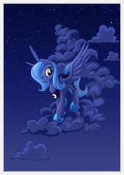 Size: 955x1351 | Tagged: safe, artist:mysticalpha, princess luna, alicorn, pony, g4, cloud, cloudy, female, mare, night, s1 luna, sky, smiling, solo, spread wings