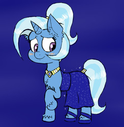 Size: 800x820 | Tagged: safe, artist:ichibangravity, trixie, pony, unicorn, g4, alternate hairstyle, blushing, chest fluff, clothes, dress, ear fluff, female, mare, necklace, ponytail, raised hoof, shoes, solo, tail ring, unshorn fetlocks