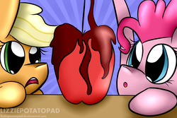 Size: 1024x682 | Tagged: safe, artist:lizziepotatopad, applejack, pinkie pie, g4, caramel apple (food), duo