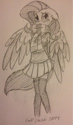 Size: 753x1280 | Tagged: safe, artist:wonderwaifu, fluttershy, anthro, g4, clothes, female, grayscale, monochrome, scarf, simple background, skirt, solo, traditional art